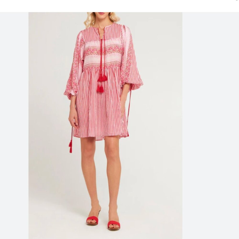 Antik Batik Red White Striped floral Dress cotton m medium 40